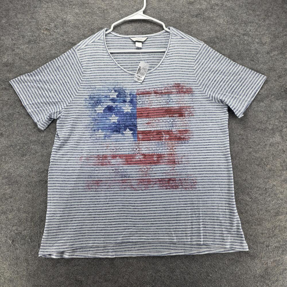 CJ Banks T-Shirt Womens 1X Blue Striped Scoop Neck Short Sleeve Glitter USA Flag